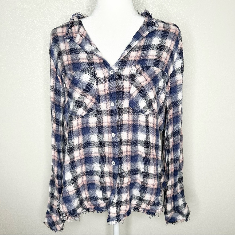 Bella Dahl Womens Blue & Pink Plaid Long Sleeve Button Down Shirt Size L